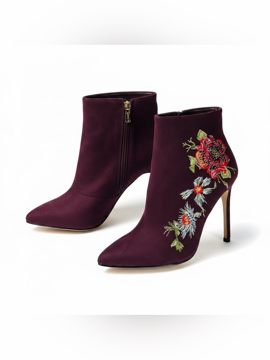 bebe Shoes - bebe Burgundy Floral Embroidered Pointed-Toe Ankle Booties